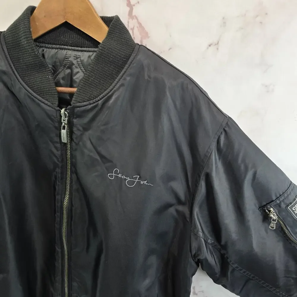 Vintage Y2K Jacket Mens Large Black Bomber Zip Sean John P Diddy Satin Coat Rare